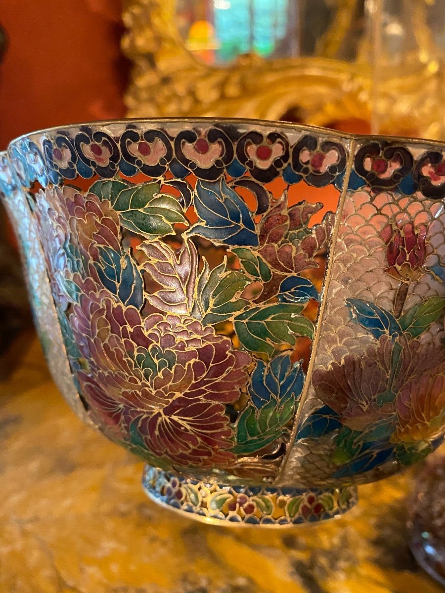 Enamel Cup Plique à Jour, With Peonies, China Circa 1930-photo-6