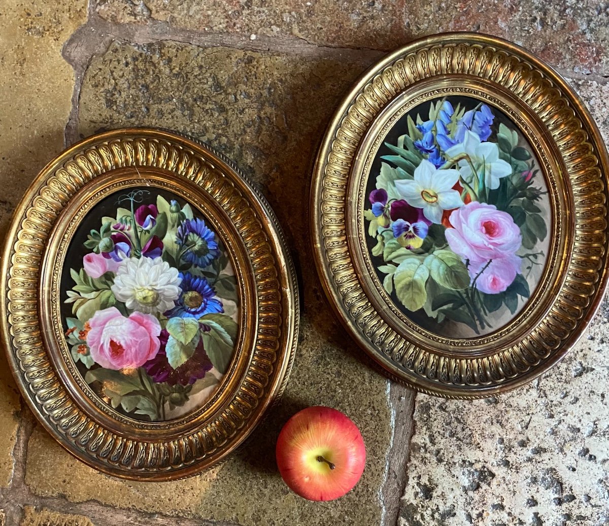 Pair Of Spring Flower Bouquets Painted On Porcelain,-photo-2