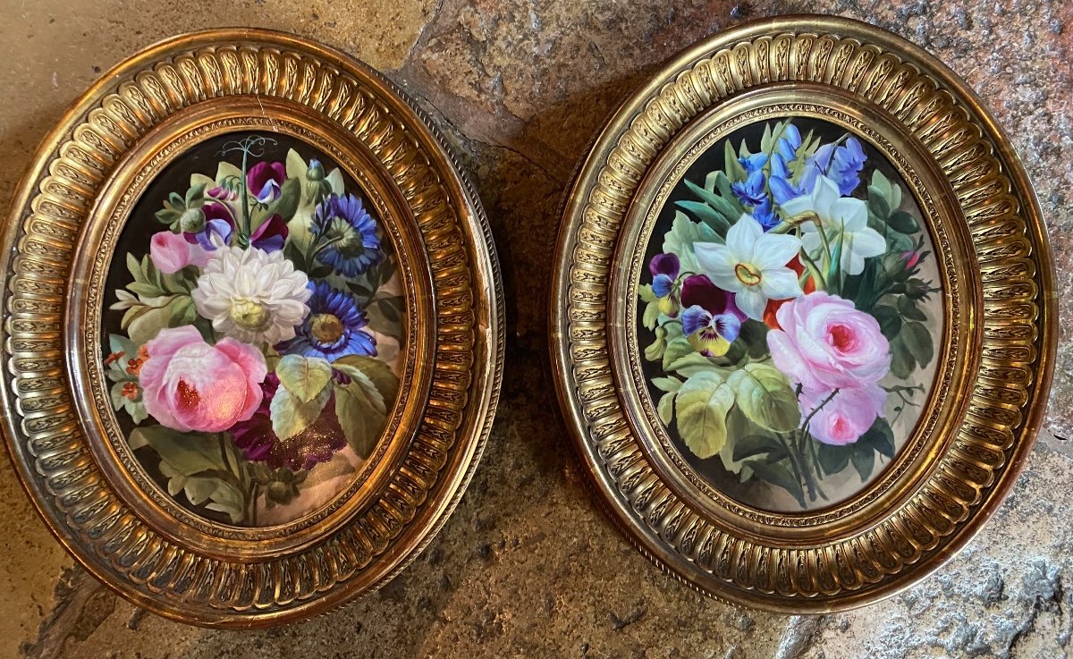 Pair Of Spring Flower Bouquets Painted On Porcelain,-photo-4