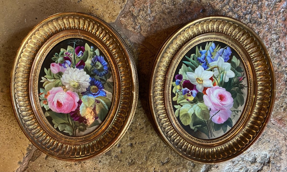 Pair Of Spring Flower Bouquets Painted On Porcelain,