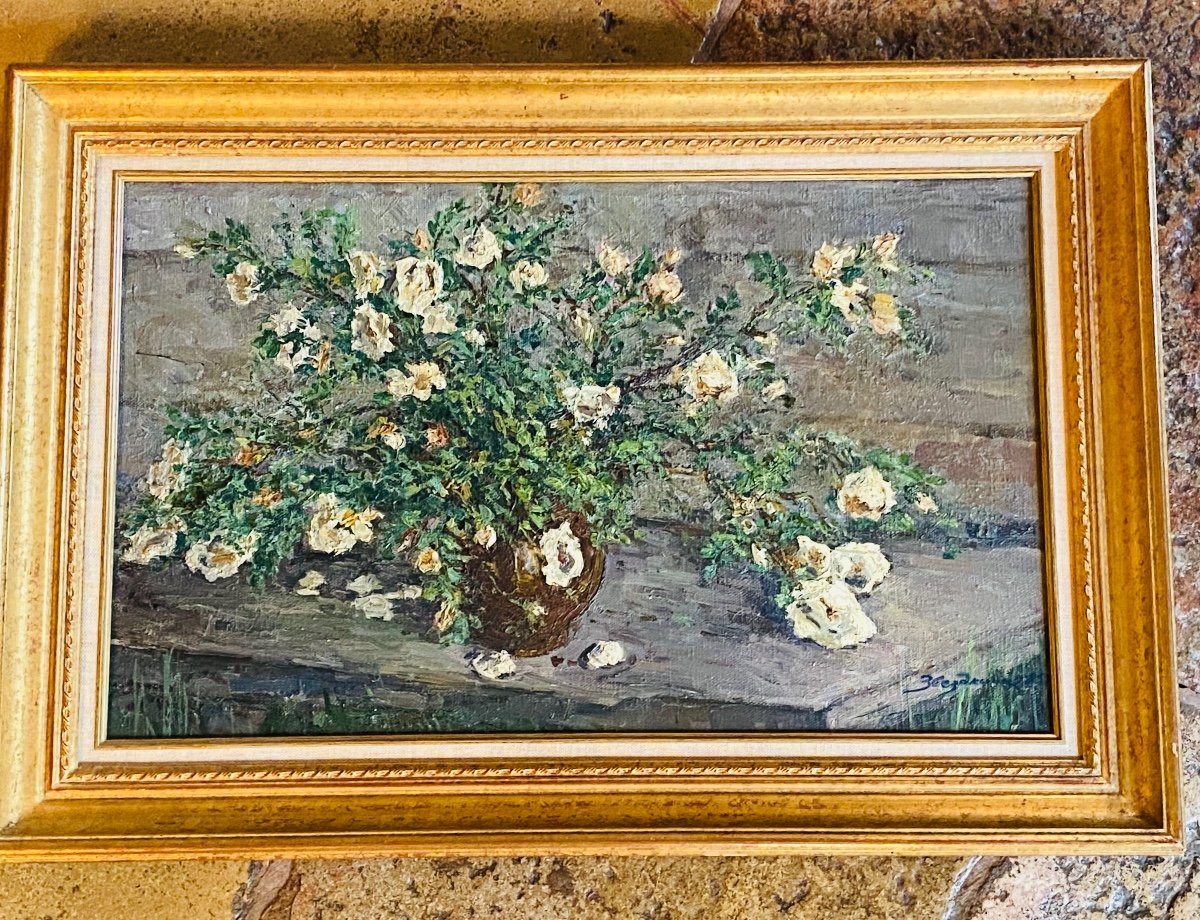 Russian School Dated 1985, Vase With Bouquet Of White Roses-photo-2