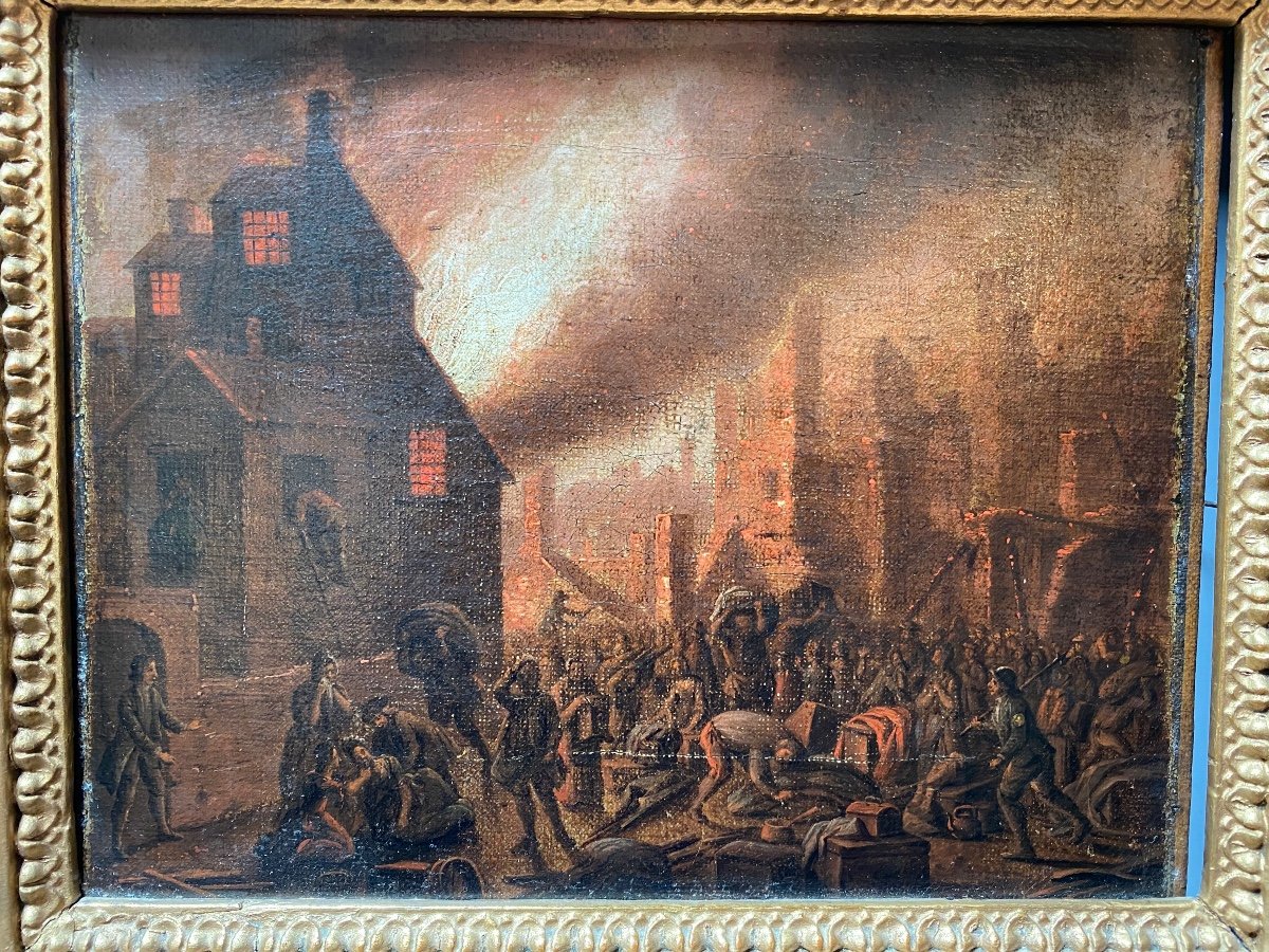 Tableau Flamand Du XVIII Eme Siècle : Incendie De Nuit -photo-3