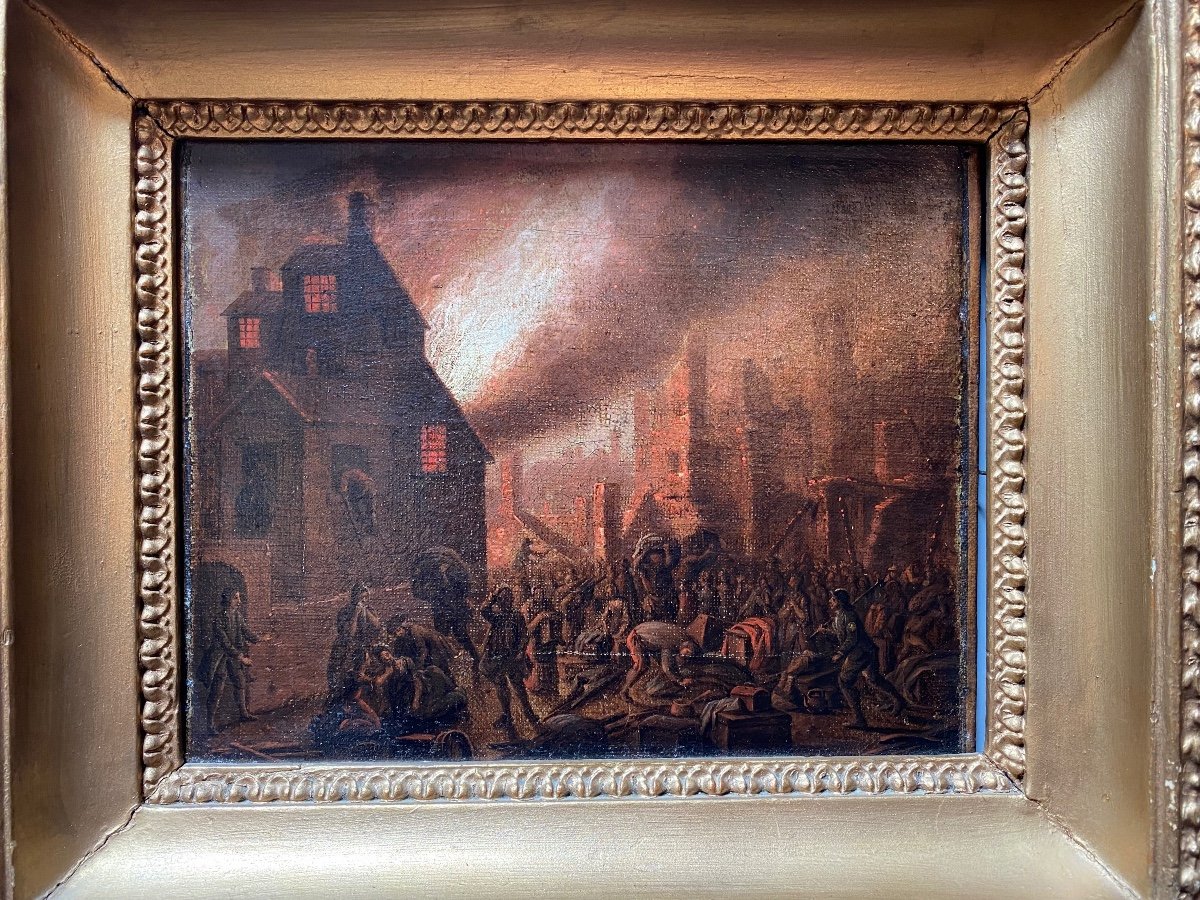 Tableau Flamand Du XVIII Eme Siècle : Incendie De Nuit -photo-4
