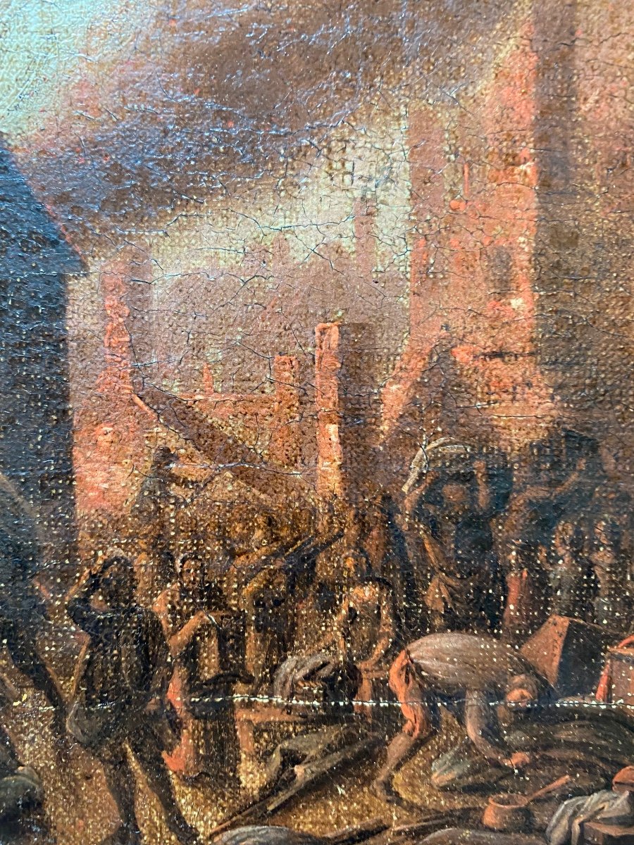 Flemish Painting From The XVIII Eme Century: Night Fire-photo-2