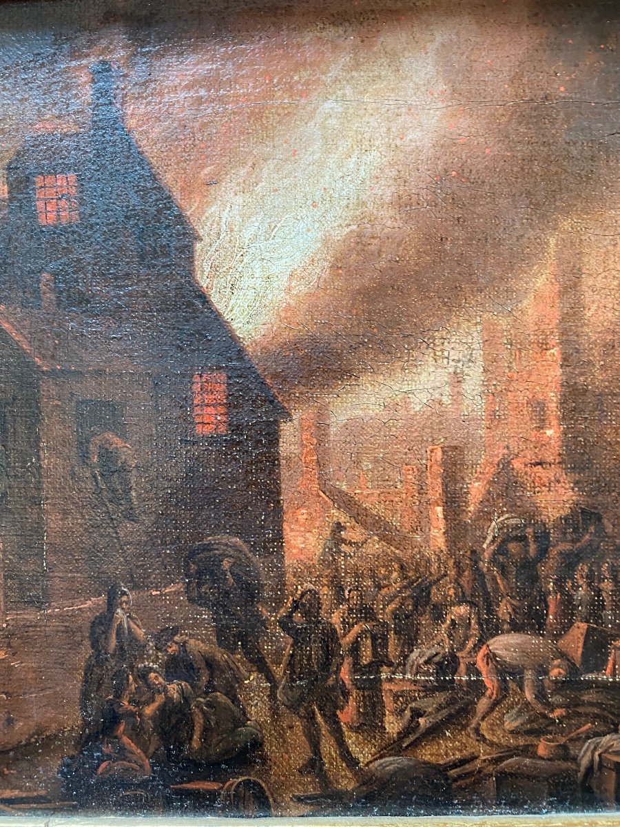 Tableau Flamand Du XVIII Eme Siècle : Incendie De Nuit -photo-3