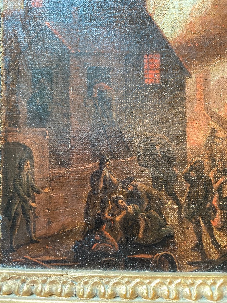 Tableau Flamand Du XVIII Eme Siècle : Incendie De Nuit -photo-5