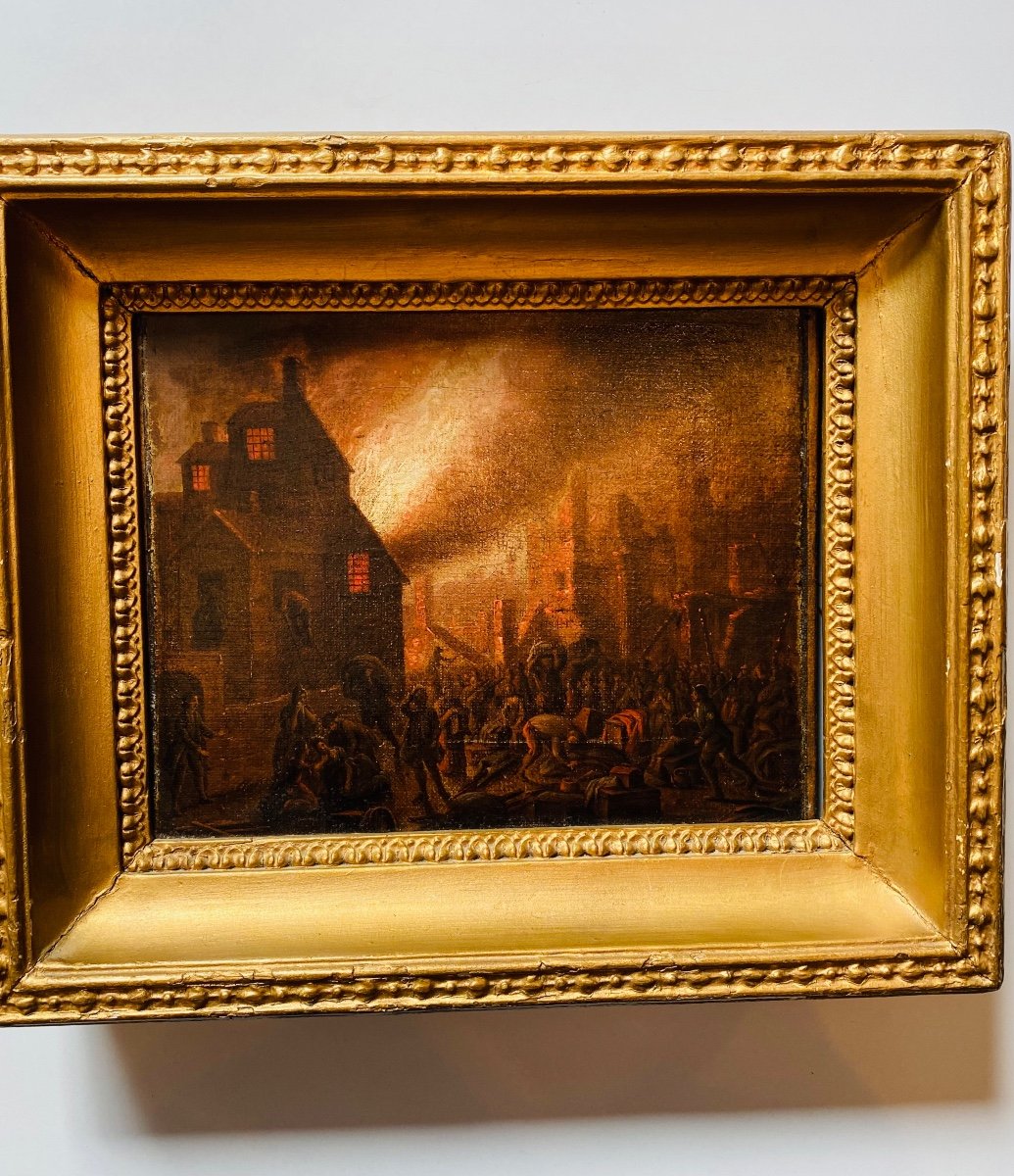 Tableau Flamand Du XVIII Eme Siècle : Incendie De Nuit 