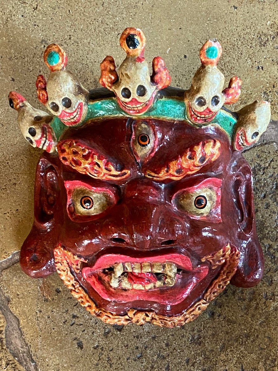 Grand Masque De Démon Orné De 5 Citipatis, Népal, 1ère Moitié Du XX Eme Siècle 