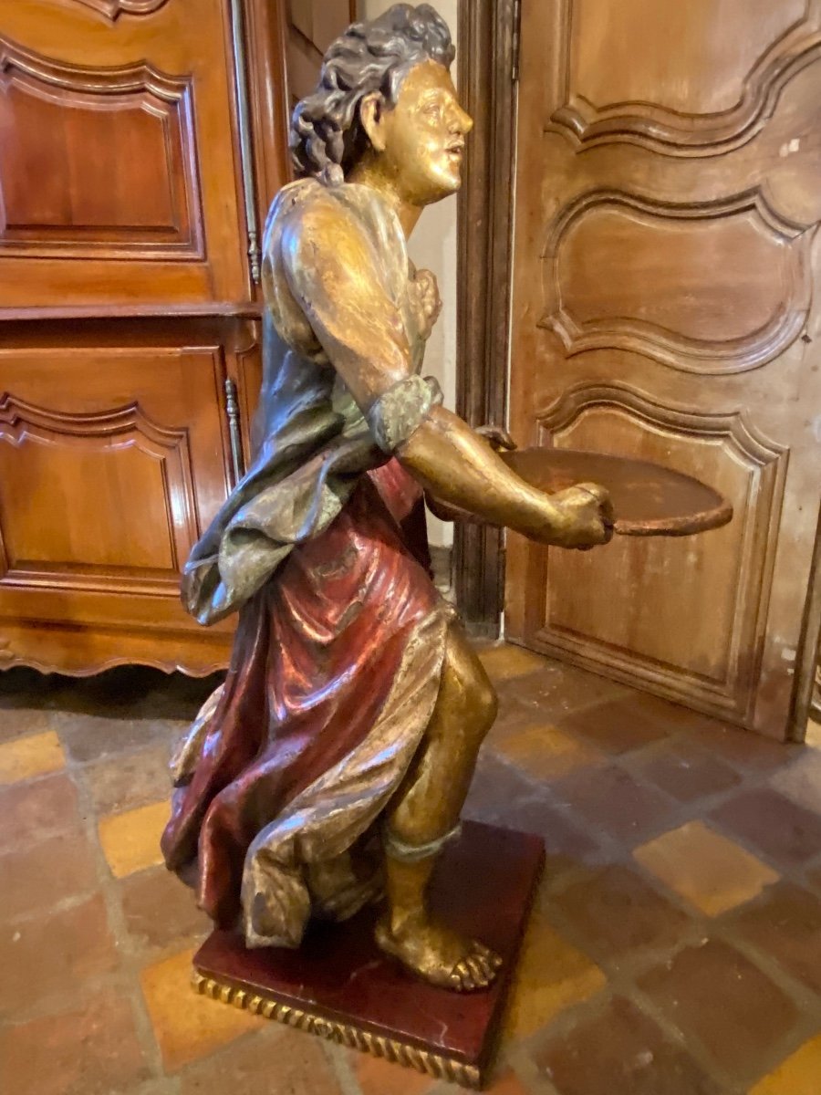 Large Statue In Polychrome Golden Wood, Mute Servant On The Tray XVIII Eme Century-photo-4