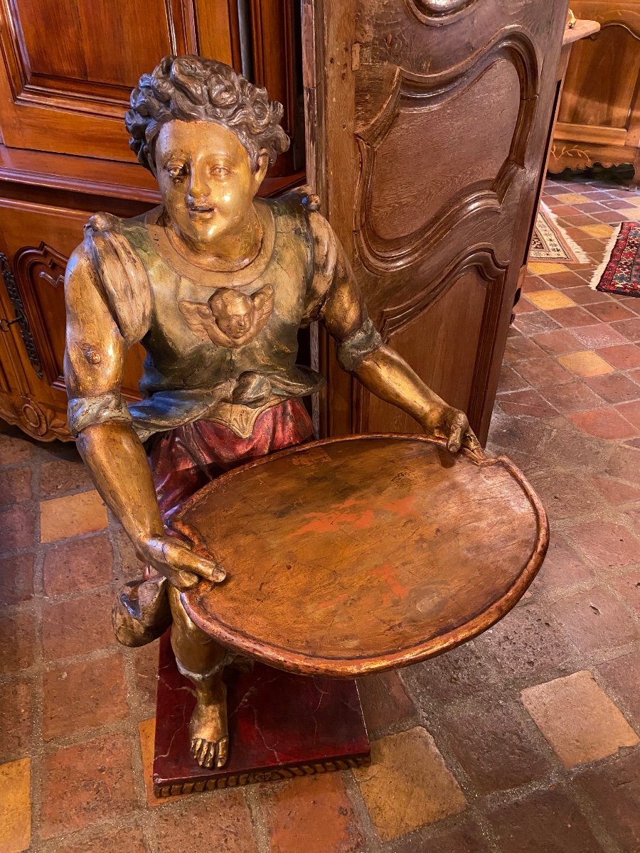 Large Statue In Polychrome Golden Wood, Mute Servant On The Tray XVIII Eme Century-photo-1