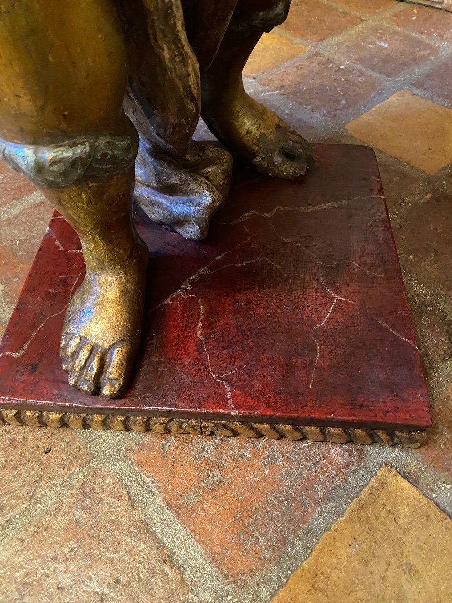 Large Statue In Polychrome Golden Wood, Mute Servant On The Tray XVIII Eme Century-photo-4