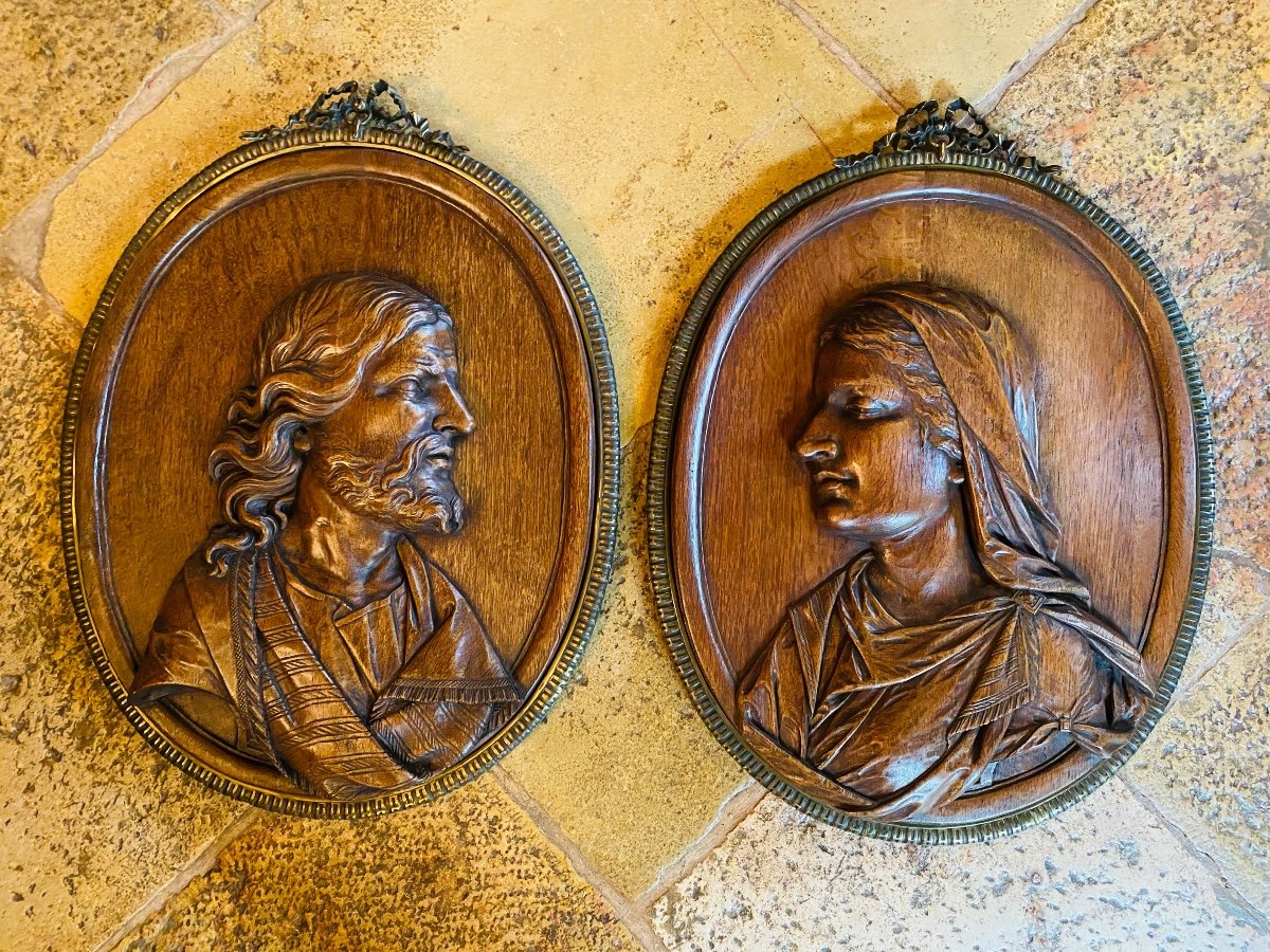 Spectacular Pair Of Panels Carved In High Relief: Jesus And The  Virgin Marie-photo-2