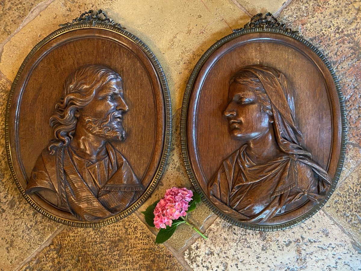 Spectacular Pair Of Panels Carved In High Relief: Jesus And The  Virgin Marie-photo-8