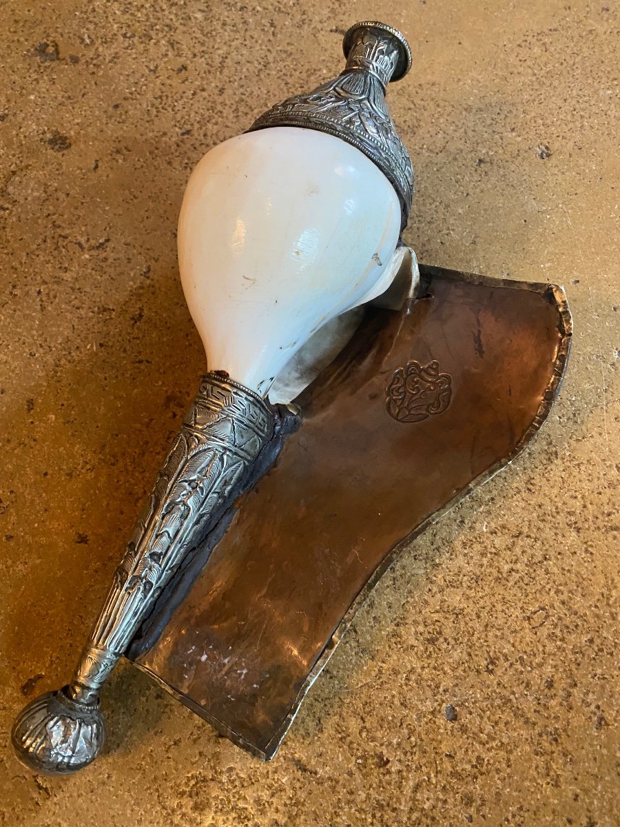 Large Dressed Conch Lucky Charm, Tibetan 1st Half Of The 20th Century-photo-2