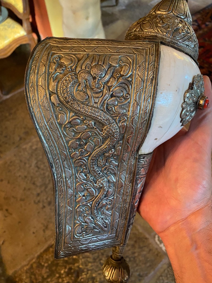 Large Dressed Conch Lucky Charm, Tibetan 1st Half Of The 20th Century-photo-3