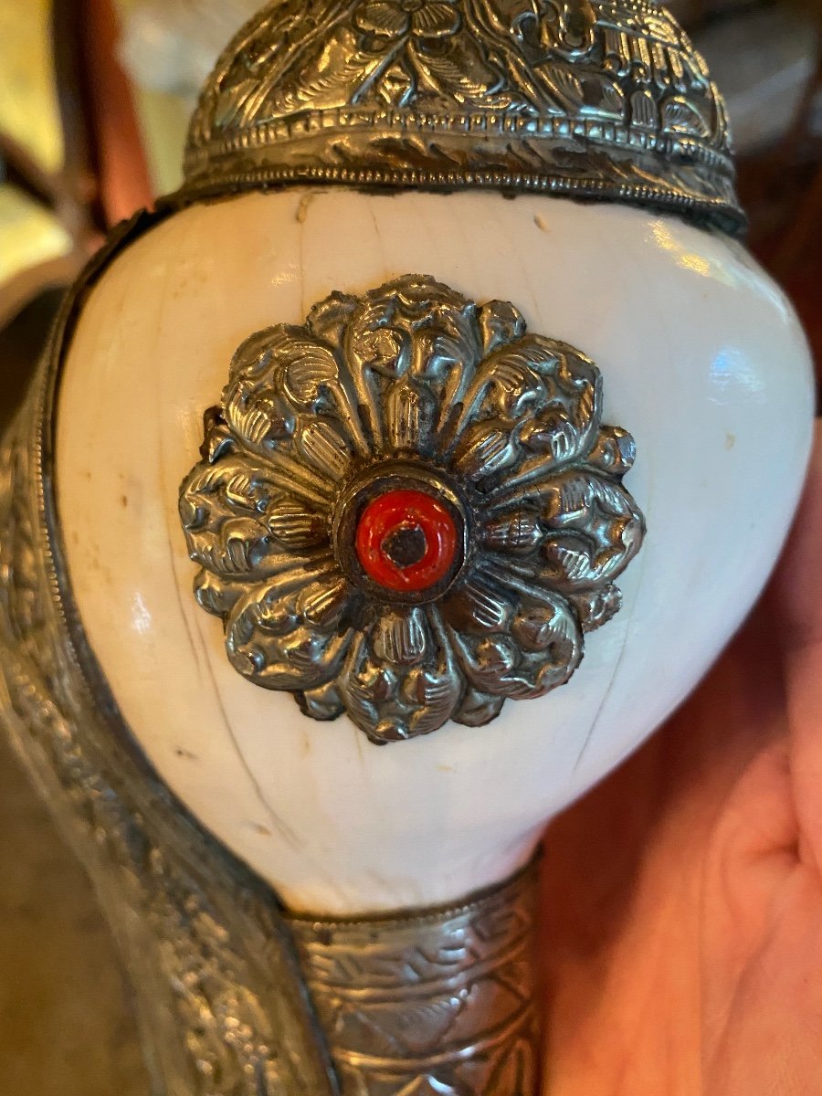 Large Dressed Conch Lucky Charm, Tibetan 1st Half Of The 20th Century-photo-4