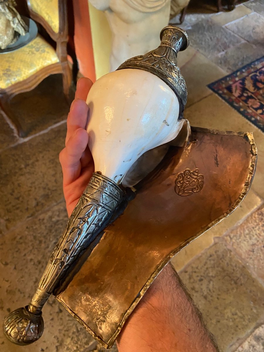 Large Dressed Conch Lucky Charm, Tibetan 1st Half Of The 20th Century-photo-8