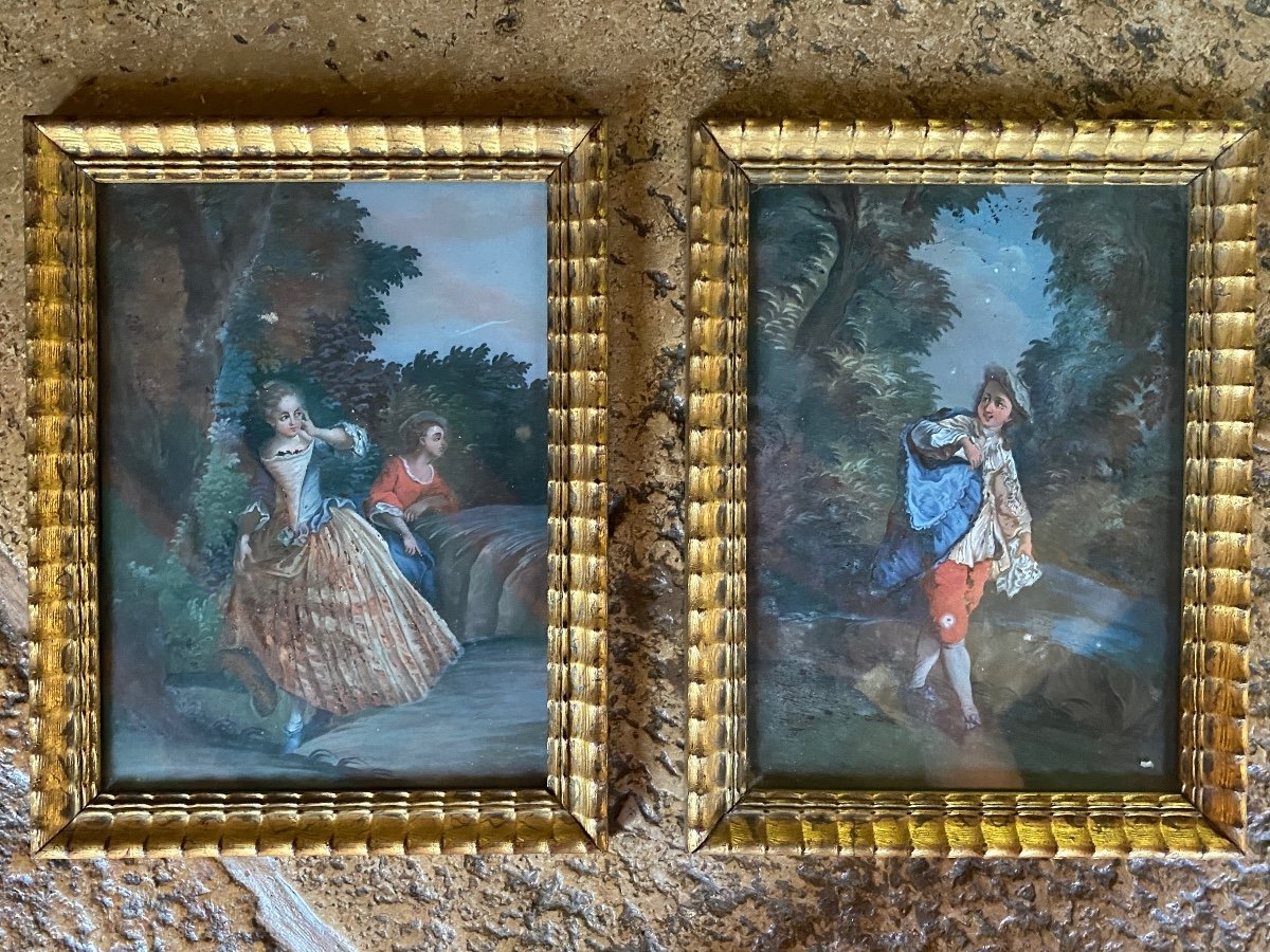 Augsburg, 18 Eme Century, Pair Of Fixed Under Glass: Gallant Scene-photo-4