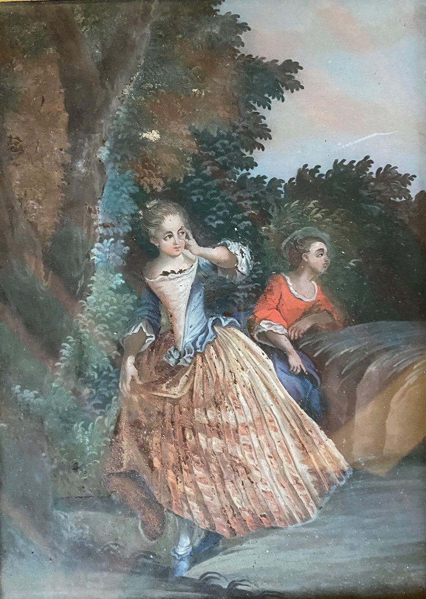 Augsburg, 18 Eme Century, Pair Of Fixed Under Glass: Gallant Scene-photo-3