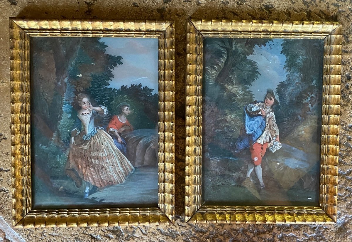 Augsburg, 18 Eme Century, Pair Of Fixed Under Glass: Gallant Scene