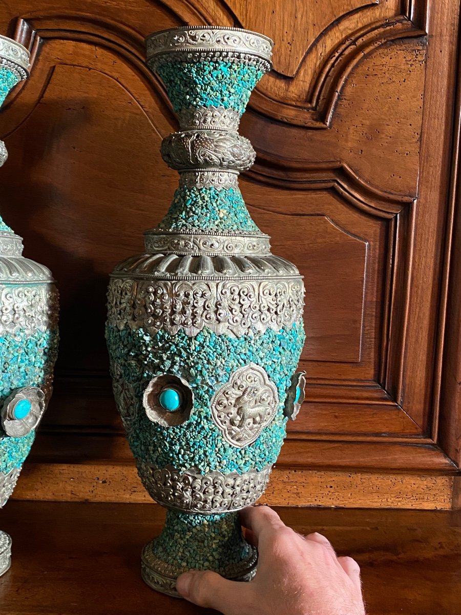Surprising Pair Of Tibetan Vases Covered With Turquoise End Of XIX Eme Century-photo-4