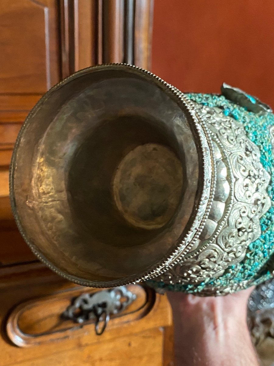 Surprising Pair Of Tibetan Vases Covered With Turquoise End Of XIX Eme Century-photo-1