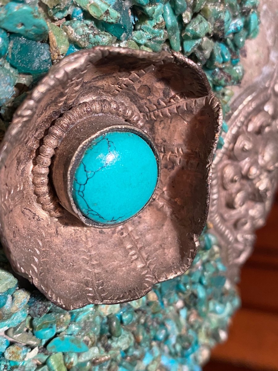 Surprising Pair Of Tibetan Vases Covered With Turquoise End Of XIX Eme Century-photo-3