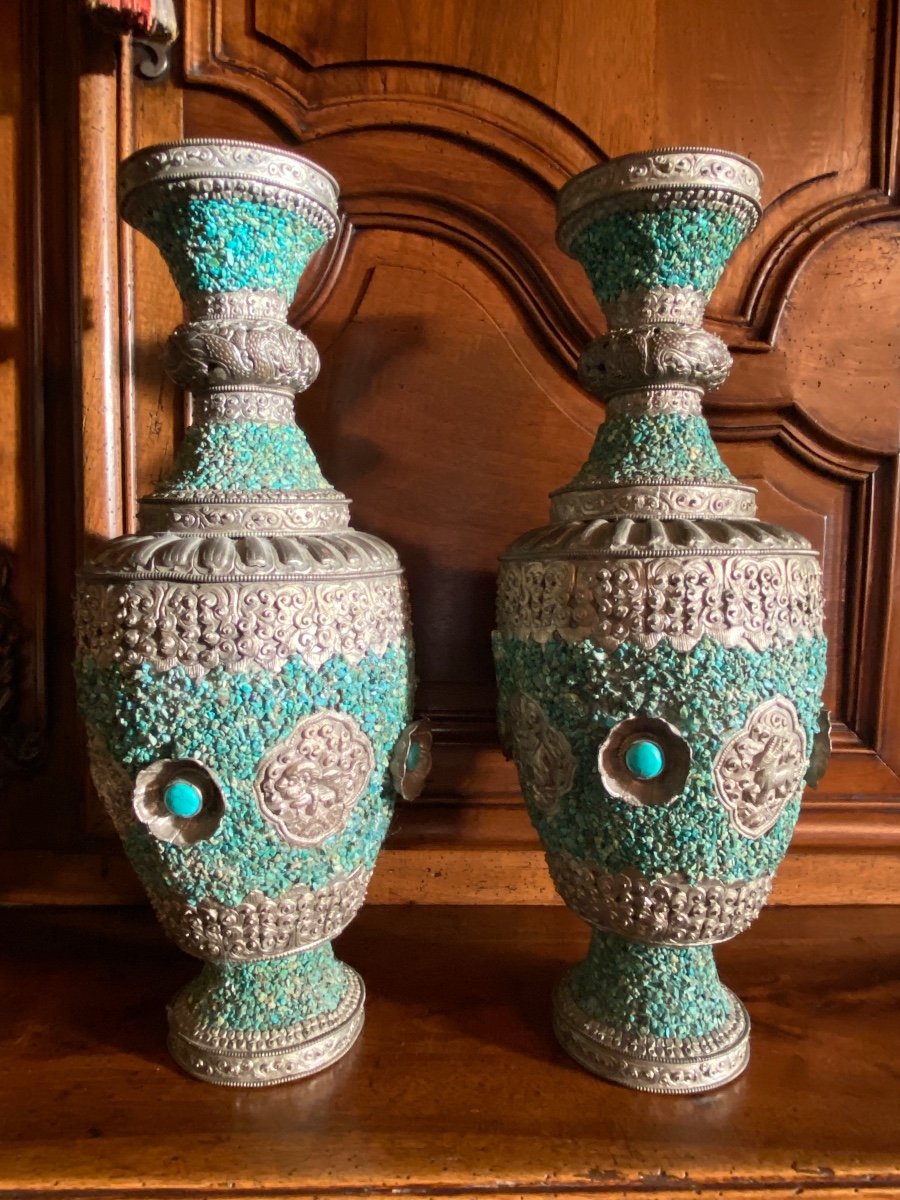 Surprising Pair Of Tibetan Vases Covered With Turquoise End Of XIX Eme Century-photo-6