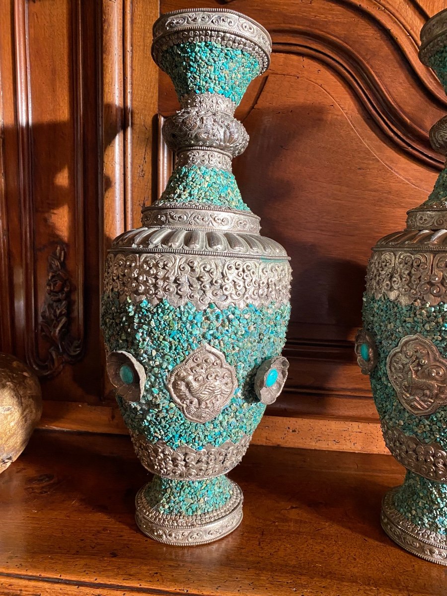 Surprising Pair Of Tibetan Vases Covered With Turquoise End Of XIX Eme Century-photo-7