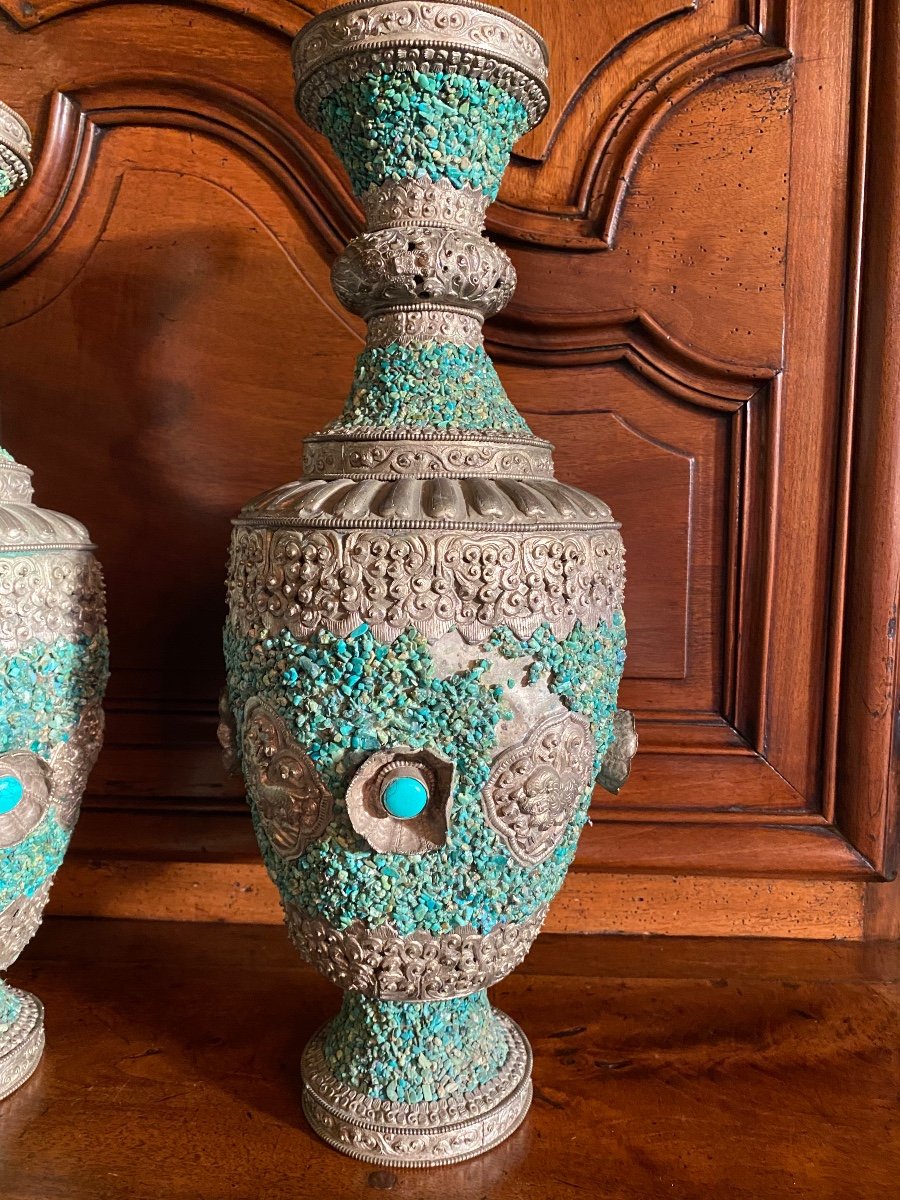 Surprising Pair Of Tibetan Vases Covered With Turquoise End Of XIX Eme Century-photo-8