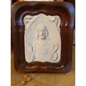 1900, Sacred Heart Of Jesus, Bas Relief In White Carrara Marble Signed