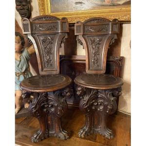 Pair Of Sgabellis, Renaissance Style Chairs In Walnut From The XIX Eme Century