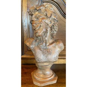 Bust Of Smiling Faun Signed Vallmitjana, Terracotta From The XIX Eme Century