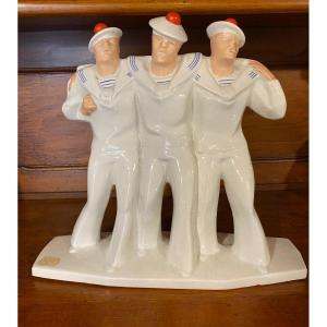 Very Beautiful Cracked Earthenware From Niderviller Around 1930 In Very Good Condition: Three Sailors On The Go.