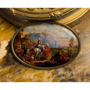 Charming Oval Miniature On Glass From The Beginning Of The 19th Century Representing A Horsewoman In Sidesaddle Near A Man In A Turban In A Lively Port Scene.