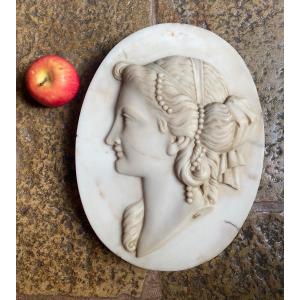 Large Oval Marble Medallion, Profile Of A Young Woman Dated 1874