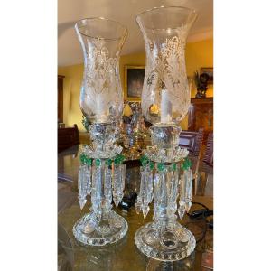 Large Pair Of Tealight Holders With Baccarat Crystal Pampilles 