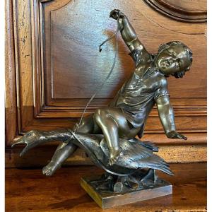 The Little Goose Babysitter, XIX Eme Century Bronze Signed Dinée