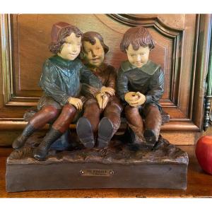 Terracotta With Three Children "a Project" By Salesio