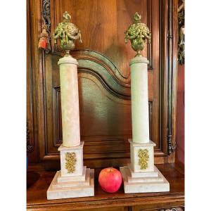 Pair Of Large Marble Columns Topped With Gilt Bronze Fire Pots
