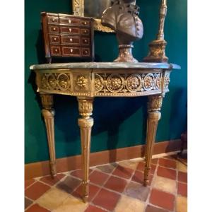 Louis XVI Period Half-moon Console In Golden Wood And Turquin Blue Marble