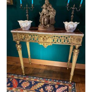 Italian Louis XVI Period Console With Projection In Golden Wood And Faux Marble Top