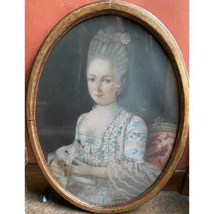 Very Large Pastel XVIII Eme, Quality Lady And Her Dog