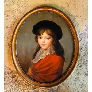 Jeune Fille Au Béret, Portrait Ovale Du XIX Eme Siècle 