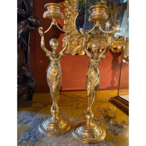 Pair Of Candlesticks With Odalisques Signed Louis Kley (1833-1911)