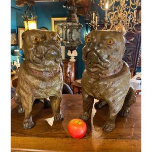 Paire De Bulldogs Anglais En Terre Cuite Polychrome Du XIX  Eme Siècle 