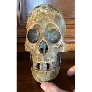 Large German Skull In Polychrome Carved Wood From The Early 19th Century 