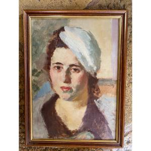 Russian School Around 1940 Portrait Of Woman In Beret Signed 