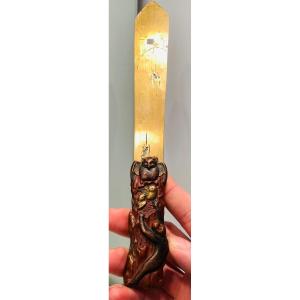 Owl-discovering Monkey, Letter Opener, Japan Shibuichi Meiji Era 