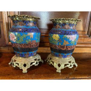 Pair Of Vases Mounted In Cloisonné Enamels Late 19th Century 